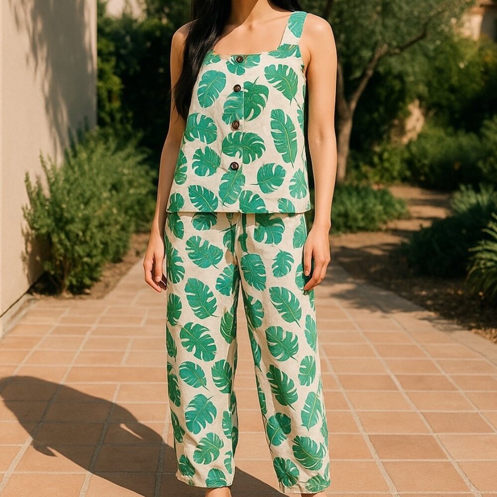 J. Crew Factory Cream Linen-Blend Tank & Wide-Leg Pant Set with Green Leaf Print